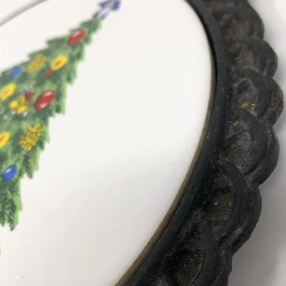 Vintage Cast Iron Trivet 1984 Christmas Tree Ceramic Tile Carlton Mid State USA